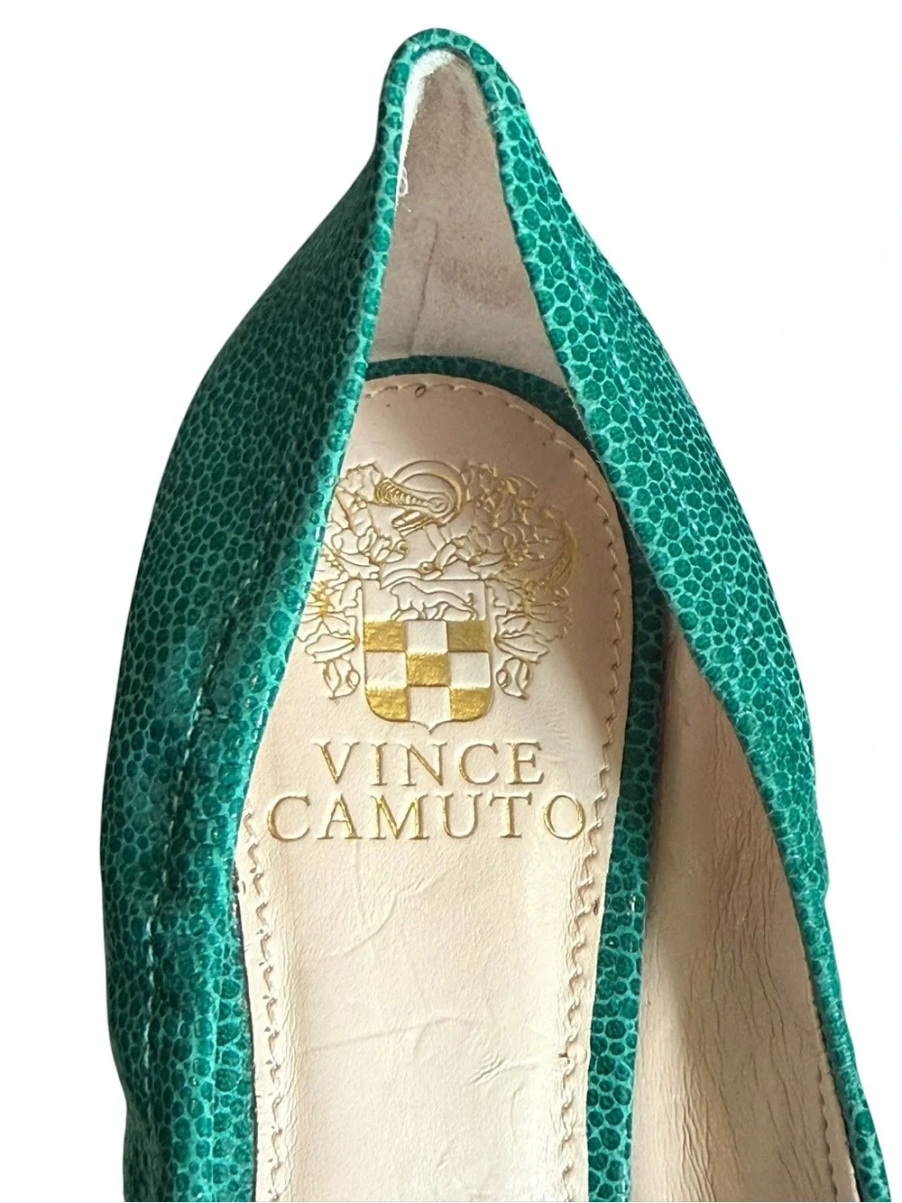 Vince Camuto Emerald Green Embossed Leather Peep Toe Wedge Heels 6.5M